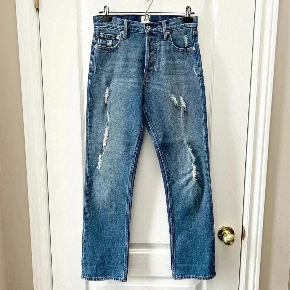 GAP High Waisted Straight Leg Jeans Cone Denim Distressed Blue Size 25 - Picture 5 of 15